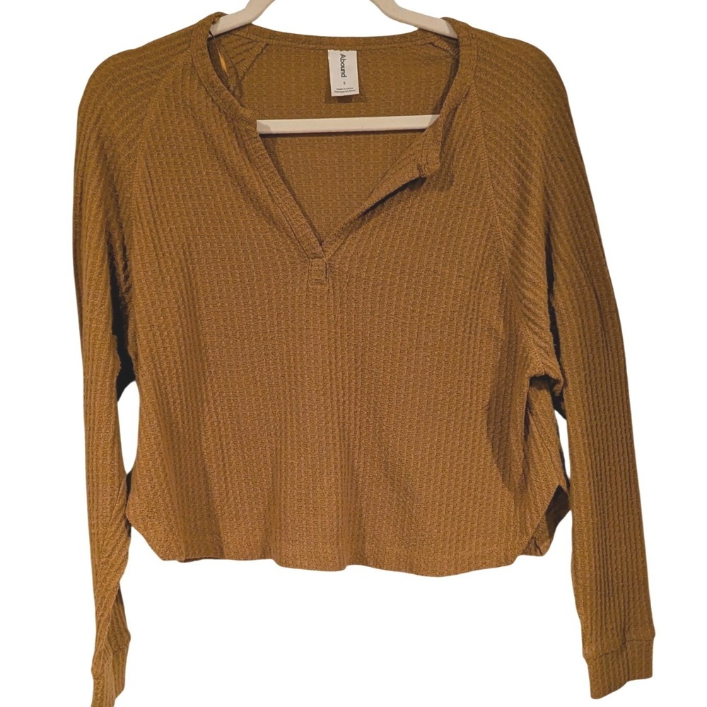 Abound Womens Rust Brown Waffle Knit Cropped Henley‎ Long Sleeve Top Small
